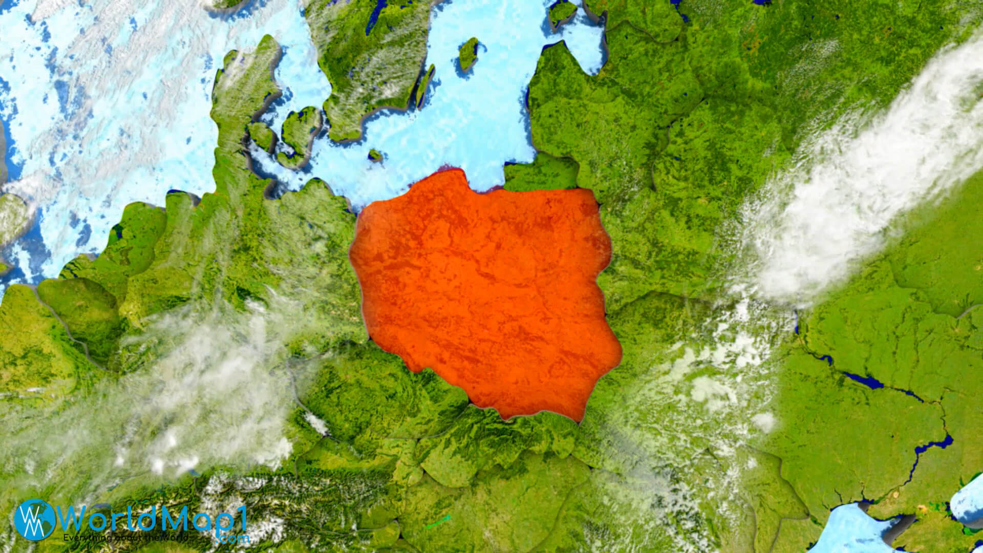 Carte satellite de la Pologne avec l'Allemagne et l'Ukraine